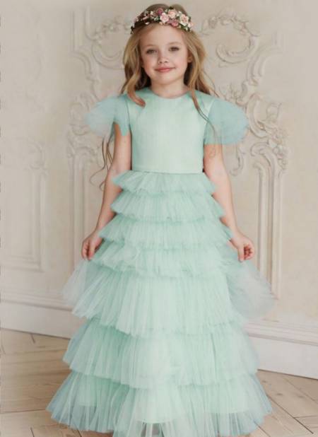Sea Green Colour Exclusive Party Wear Designer South Cotton With Soft Net Kids Heavy Gown Girls Wear Collcetion Kajri-2